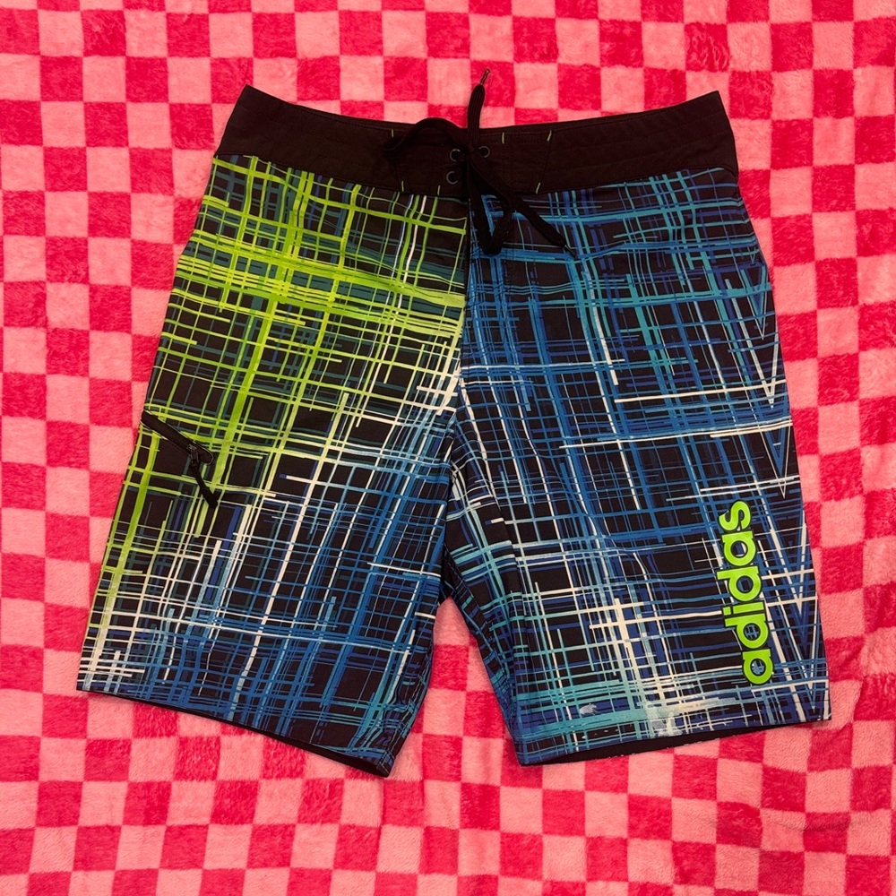 Adidas Blue and Lime Plaid Men’s Swim Trunks